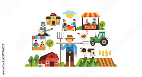 Agriculture and Rural Life Ecosystem Illustration: Farmer, Market, Animals, and Farming Equipment in Flat Design