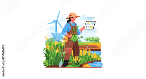Sustainable Smart Farming: Female Farmer Managing Crops with Digital Tablet, Supported by Solar Panels and Wind Turbine