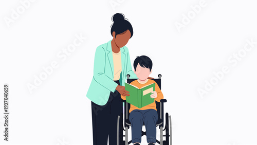 Caring vector illustration A compassionate woman assists a child in a wheelchair with reading, symbolizing inclusive education and support for children