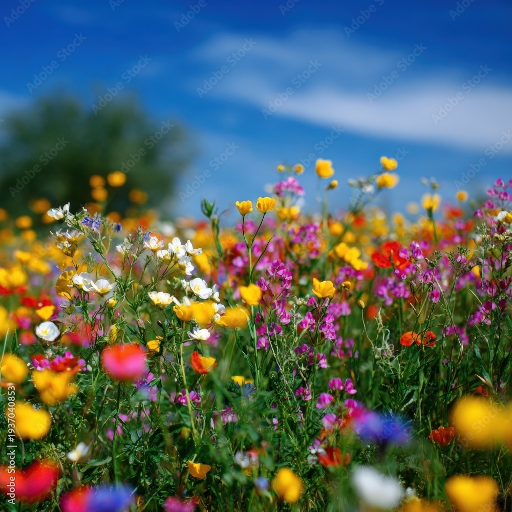 Obraz premium Close up of vibrant mixed wildflowers with sharp foreground and soft blue sky creating a colorful floral tapestry