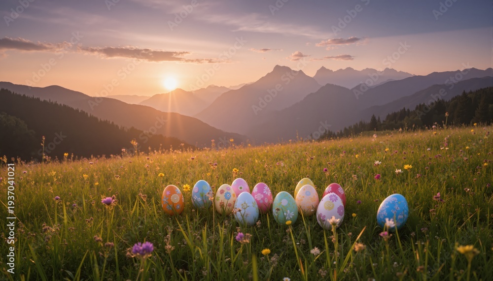Fototapeta premium sunrise over the mountains easter eggs in the meadow 