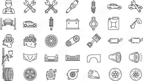 Automotive repair and car service line icon set with mechanic, engine parts, wheel, battery, spark plug and vehicle maintenance symbols