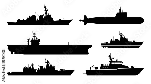 Silhouette of various naval vessels, including a submarine, aircraft carrier, and warships