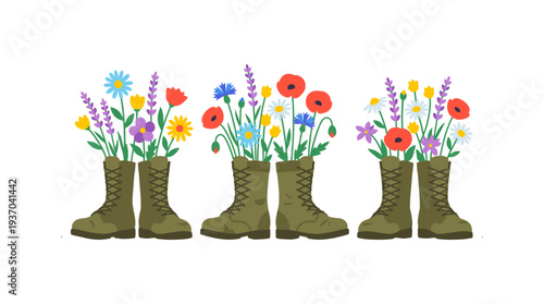 A touching scene of three pairs of old army boots repurposed as planters, overflowing with vibrant wildflowers