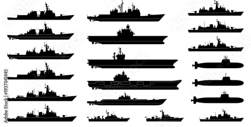 Silhouettes of military ships and submarines, showcasing naval vessels against a clean backdrop