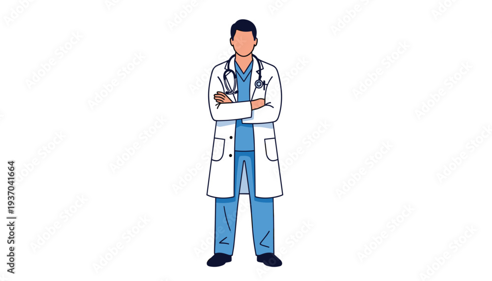Fototapeta premium Vector illustration of medical professional in white coat with stethoscope standing confidently with arms crossed in cartoon artwork