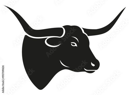 Black silhouette bull head with long horns, livestock animal, agriculture symbol, cattle farm icon