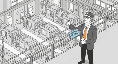 An expert manager confidently gives a thumbs-up, indicating optimal system performance within a modern, efficient industrial manufacturing facility.