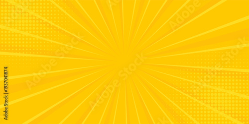 Yellow abstract background with light of sunburst. yellow starburst with halftone. sun ray retro background with flash