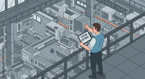 A skilled engineer oversees an optimized automated factory floor, ensuring seamless production and technological efficiency within a modern industrial setting.