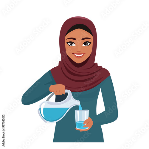 Woman in hijab pouring water into a glass