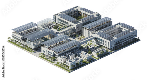 Modern Sustainable Architecture: Eco-Friendly Building Complex with Solar Panels