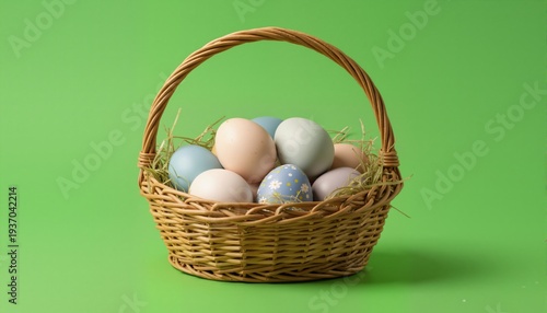 eggs in basket isolated on green background with copy space for easter spring holiday