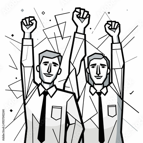 Two excited businessmen celebrating success with raised fists in abstract style