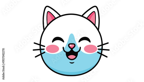  illustration of smiling cat face with closed eyes, pink cheeks, and whiskers in playful vector style for children’s design