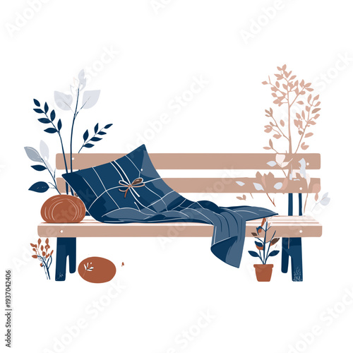 Cozy bench with blanket and pillow surrounded by plants and decor