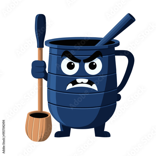 Angry cartoon character holding a spoon with a comical expression on a white background