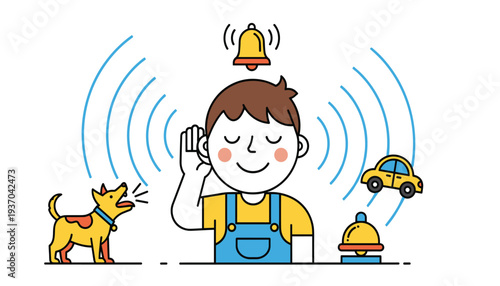 Illustration of child listening carefully to noisy objects with sound waves showing auditory perception and sensory learning concept