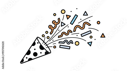 Decorative polka dot party popper exploding with various colorful geometric confetti and ribbons against a white background.