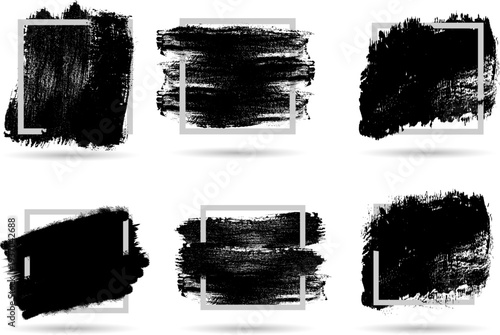 Black Grunge Brush Stroke Backgrounds Set with Square Frames, Hand Drawn Ink Paint Vector Elements