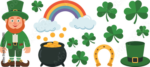 Minimalist hand drawn line art vector set for Saint Patricks Day featuring a leprechaun character and lucky shamrocks.