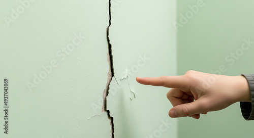 Serious wall crack detected a hand highlights structural damage on a pastel green surface, signaling urgent home repair