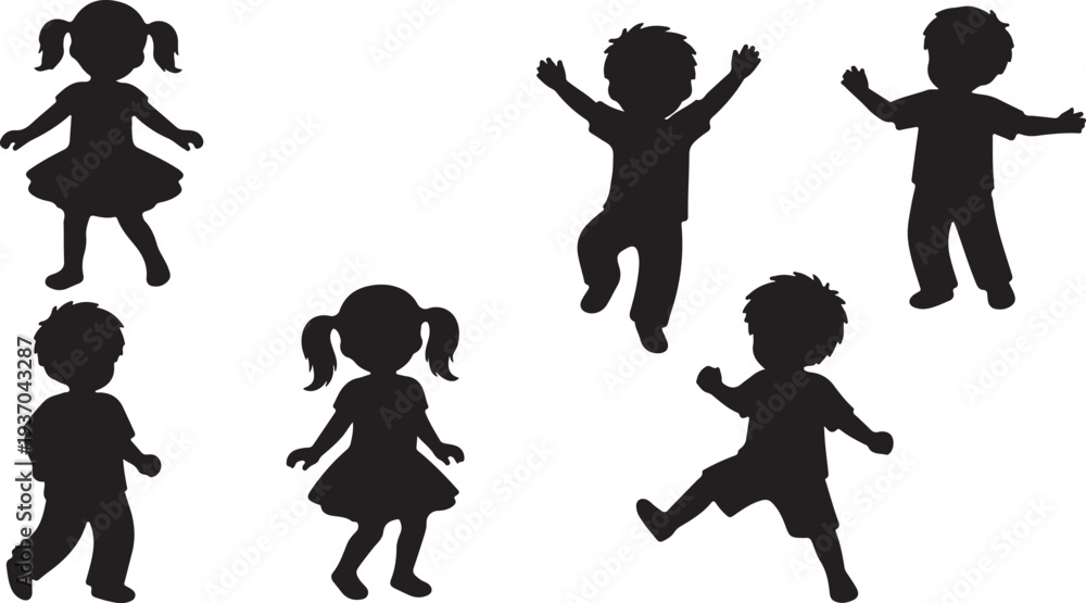 Obraz premium Black vector silhouette set of diverse children jumping dancing and playing for concepts of childhood education family health and youth branding,