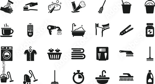 House cleaning and housekeeping icon set with broom, mop, vacuum cleaner, washing machine, detergent and household cleaning tools vector illustration