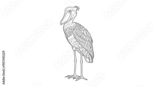 Shoebill Stork Illustration: A detailed monochrome illustration of a solitary Shoebill stork standing gracefully, showcasing its distinctive large shoe-shaped bill and unique avian features.