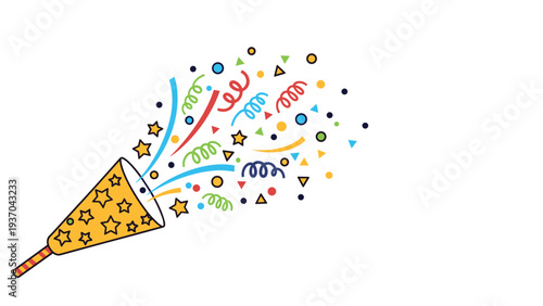 Festive party popper shooting out a variety of colorful confetti, streamers, and stars creates a cheerful atmosphere for any celebration.