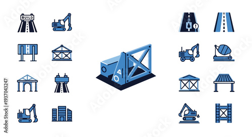 A set of blue-toned vector icons depicting various aspects of construction, roads, infrastructure, heavy machinery, and architectural elements.