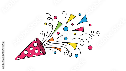 Pink polka-dot party popper exploding with colorful triangles, circles, and streamers represents a joyous celebration or a festive party event.