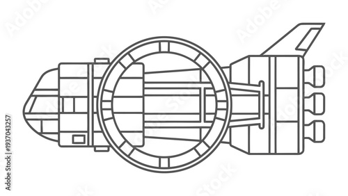 Spaceship Blueprint: A detailed outline of a spacecraft's design, showcasing its intricate structure, engine and cockpit.