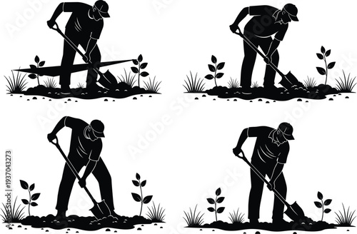 Gardener digging soil silhouettes set, man using shovel planting garden plants agriculture farming work concept isolated black vector illustration