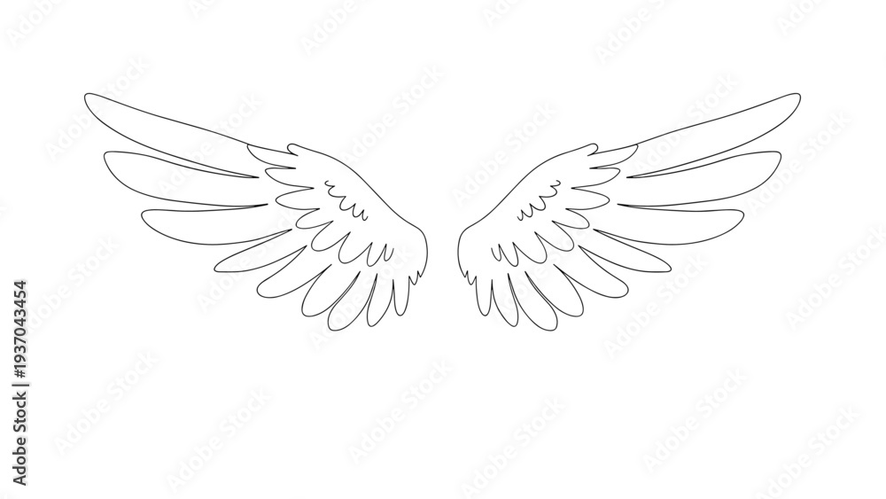 Obraz premium Symmetrical pair of outlined angel or bird wings spread wide represents freedom, peace, and spirituality in a simple line art style.