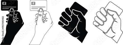 Four hand holding credit card payment icon set in different styles showing contactless transaction banking finance purchase concept vector illustration isolated white background