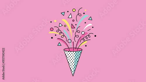 Colorful party popper exploding on a bright pink background with various confetti shapes and streamers symbolizes a high-energy celebration.