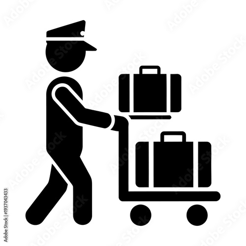 Porter silhouette icon pushing a luggage cart with suitcases for travel and hotel service concepts, flat black vector illustration