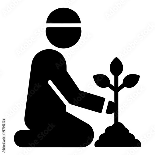 Person planting a tree icon minimalist black silhouette for environmental conservation and gardening concepts