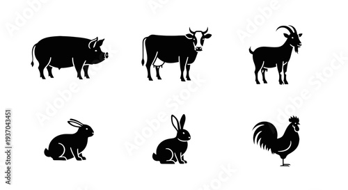 Farm animals silhouette set including cow, pig, and rabbit