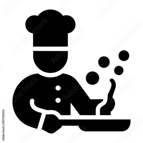 Chef cooking with frying pan icon, professional cook tossing food in a skillet, black solid glyph for restaurant and culinary design