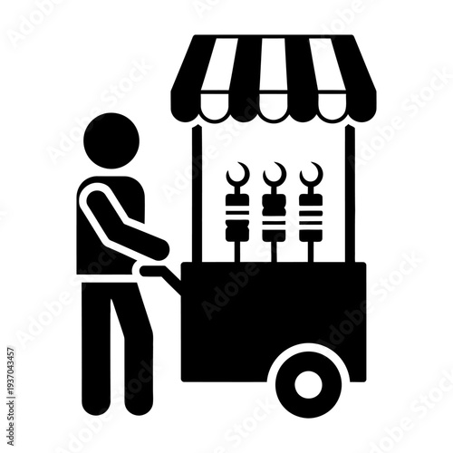 Street food vendor icon pushing a cart with skewers, black silhouette pictogram for market and small business concepts