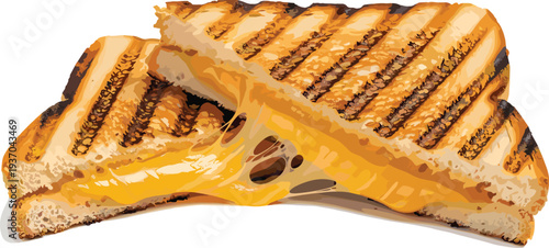 Grilled cheese sandwich illustration with melted cheddar filling, toasted bread panini style snack isolated realistic vector food illustration design