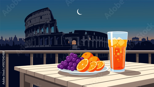 Vector illustration of a refreshing fruit platter and drink overlooking the Colosseum in Rome at twilight