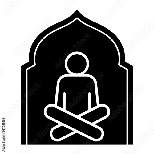 Person praying in cross-legged position inside an arched prayer niche minimalist icon