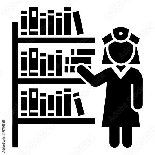 Librarian organizing books on a bookshelf in a library minimalist vector icon