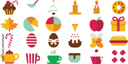 Minimalist hand drawn line art vector icon set featuring various holiday food and seasonal celebration symbols for graphic design.