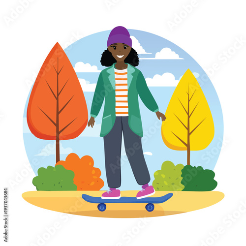 Woman skateboarding in a park with autumn trees