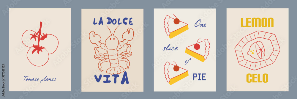 Fototapeta premium Hand drawn la dolce vita doodles. Wall art with lobster, lemon, seafood, pie. Minimalist line art. Set of mediterranean concept vector illustration for invitations, printables, social media, poster.
