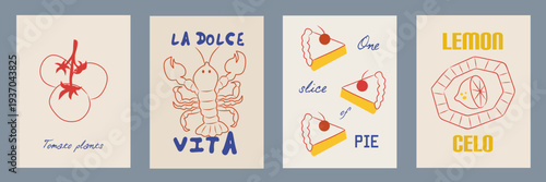 Hand drawn la dolce vita doodles. Wall art with lobster, lemon, seafood, pie. Minimalist line art. Set of mediterranean concept vector illustration for invitations, printables, social media, poster.